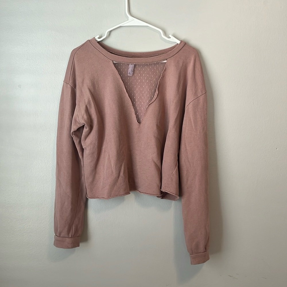 Pink crop top crewneck with mesh accent on neckline